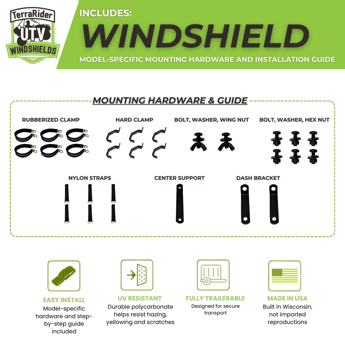 Mounting hardware and installation guide for the 2015-2017 Arctic Cat Prowler half windshield, componentry varies by model