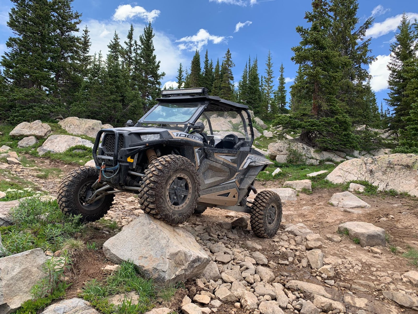 Off-road vehicle navigating rocky terrain with pine trees and blue sky in the background.