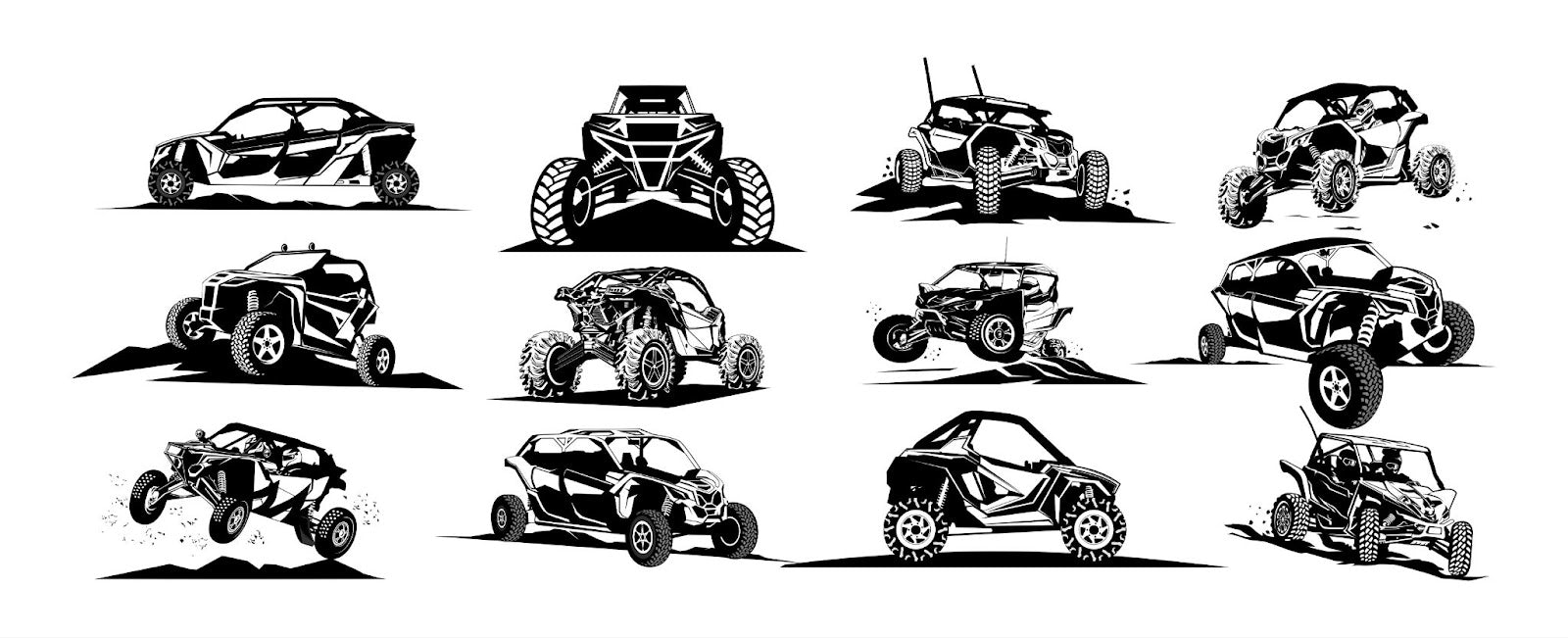 Silhouettes of various ATV and quad bikes, showcasing options for UTV customization and personalization.