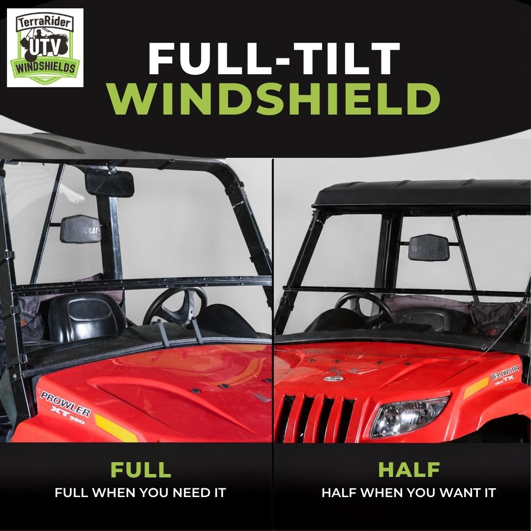 Full-tilt windshield shown in full upright position and half tilted position on a red Arctic Cat Prowler