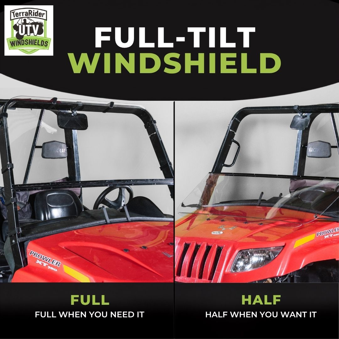TerraRider tilting windshield shown in the full and half positions on a 2006-2010 Arctic Cat Prowler