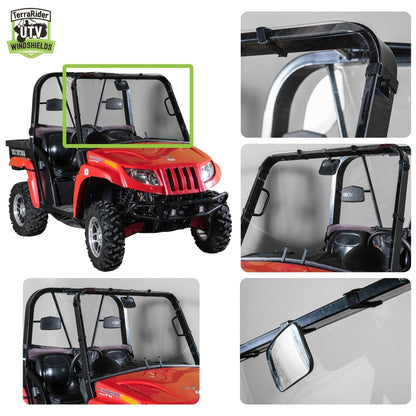 Close-up views of the Prowler full windshield clamp mounts and installed fit on the roll cage