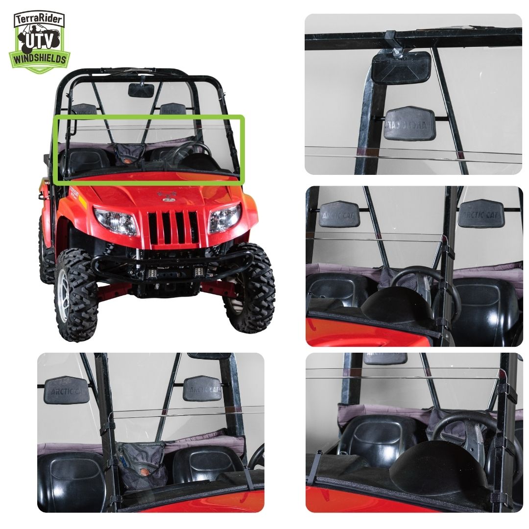 TerraRider half UTV windshield installed on a 2006-2010 red Arctic Cat Prowler side-by-side, with close-up views of the mounting hardware and installation points.