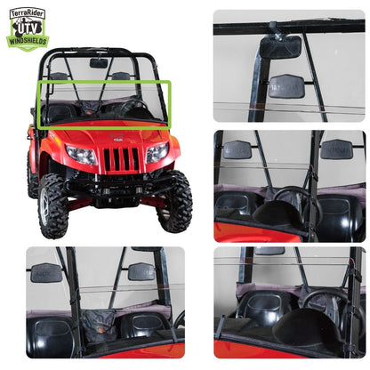 TerraRider half UTV windshield installed on a 2006-2010 red Arctic Cat Prowler side-by-side, with close-up views of the mounting hardware and installation points.