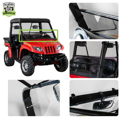 Tilting windshield installed on a red 2006-2010 Arctic Cat Prowler with a factory hard top, with mounting detail