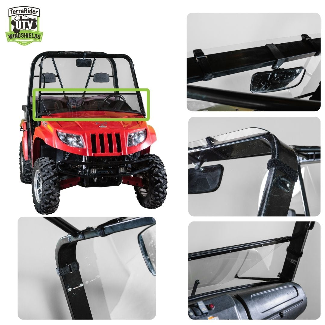 Close-up views of the Prowler tilting windshield clamps, hinge seam, and mirror clearance on the side-by-side cage. gallery-2