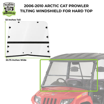 2006-2010 Arctic Cat Prowler tilting windshield dimensions for hard top, 33 inches tall by 53.75 inches wide. gallery-1