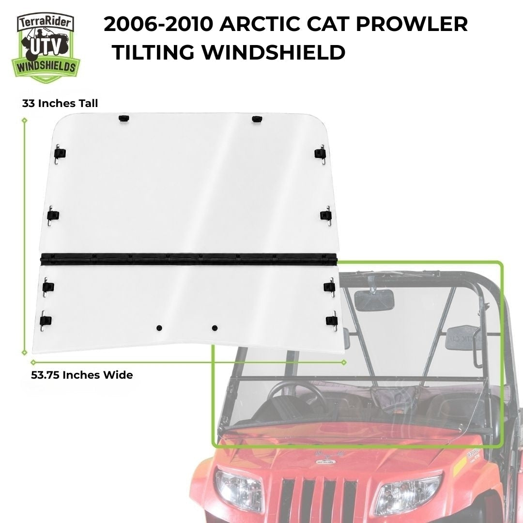 Windshield showing dimensions for a 2006-2010 Arctic Cat Prowler Tilting Windshield, 33 inches tall by 53.75 inches wide, alongside the UTV
