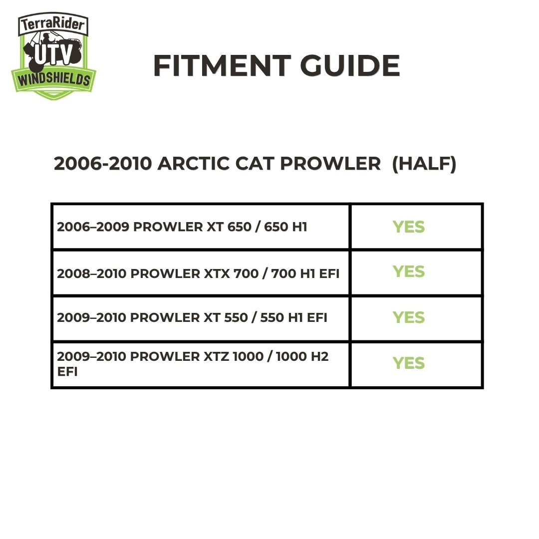 Fitment guide for the 2006–2010 Arctic Cat Prowler half UTV windshield, listing which submodels and year ranges fit.