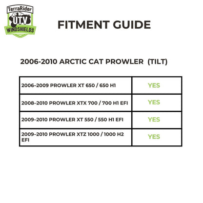 Fitment guide for the 2006-2010 Arctic Cat Prowler tilting windshield, covering the XT 650, XTX 700, XT 550, and XTZ 1000