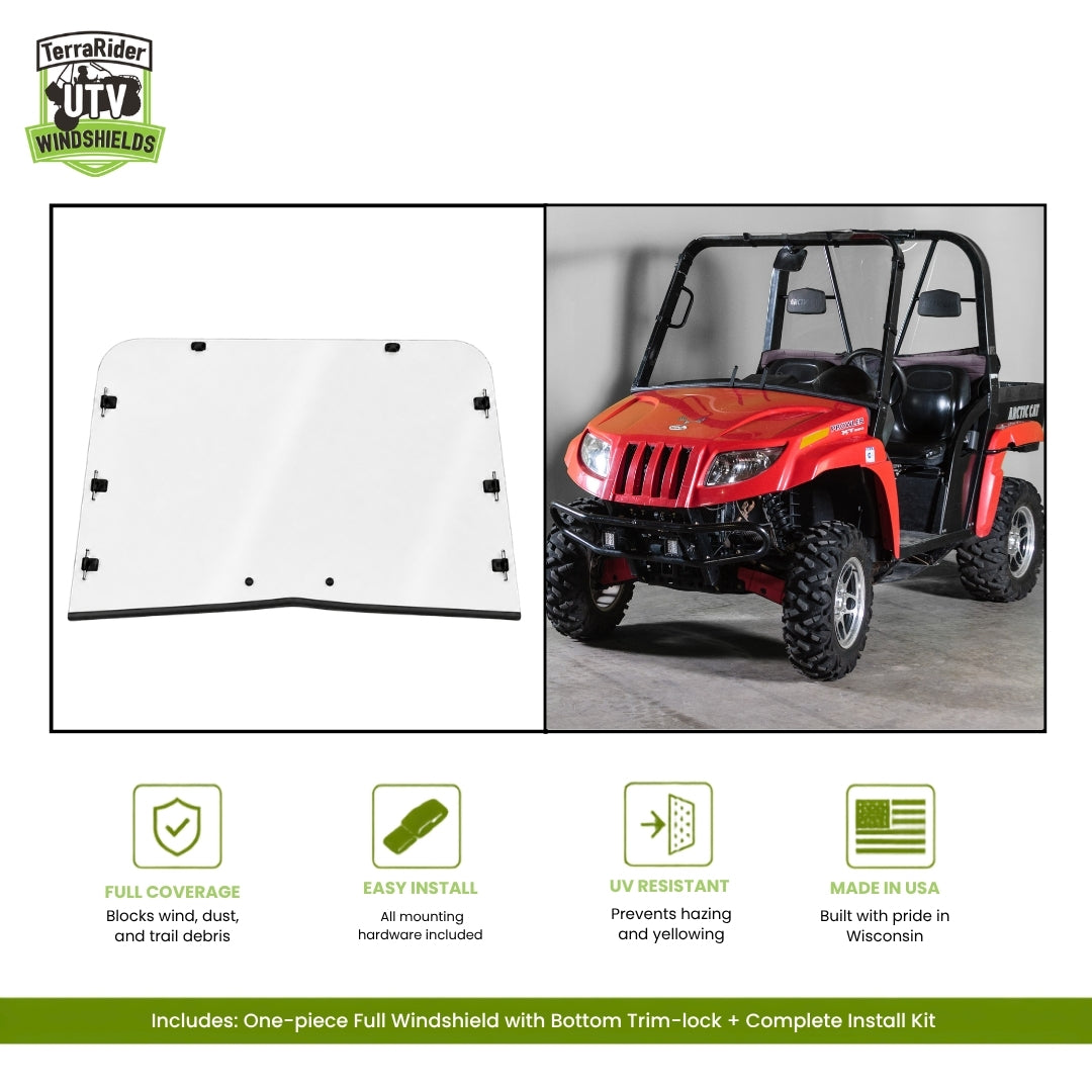 One-piece Arctic Cat Prowler full windshield with bottom trim seal, feature overview