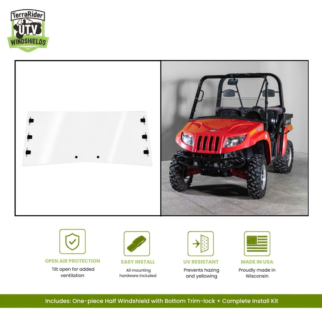 Clear half UTV windshield with pre-drilled mounting holes, shown alone and installed on a 2006-2010 red Arctic Cat Prowler side-by-side.