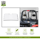 Clear rear UTV windshield shown alone and installed on a black Arctic Cat Prowler side-by-side, for 2006–2010 models.