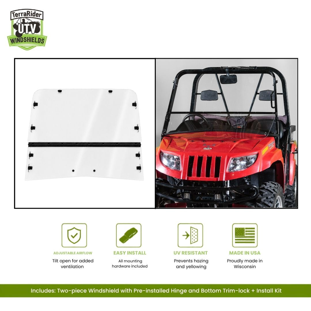 Soft top or no top version of the TerraRider tilting windshield for the 2006-2010 Arctic Cat Prowler, shown on the machine and as a panel