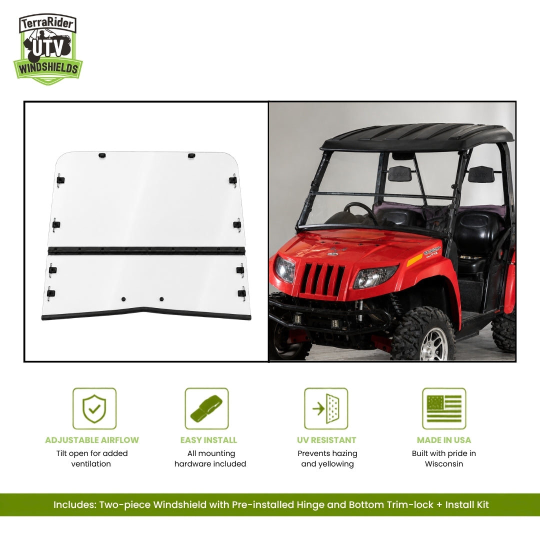 Arctic Cat Prowler two-piece tilting windshield with pre-installed hinge and bottom trim-lock, shown with hard top on a red Prowler. gallery-1