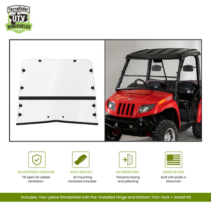 Arctic Cat Prowler two-piece tilting windshield with pre-installed hinge and bottom trim-lock, shown with hard top on a red Prowler. gallery-1