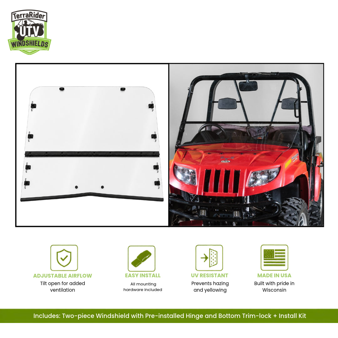 Arctic Cat Prowler two-piece tilting windshield with pre-installed hinge and bottom trim-lock, shown with soft top on a red Prowler. gallery-2