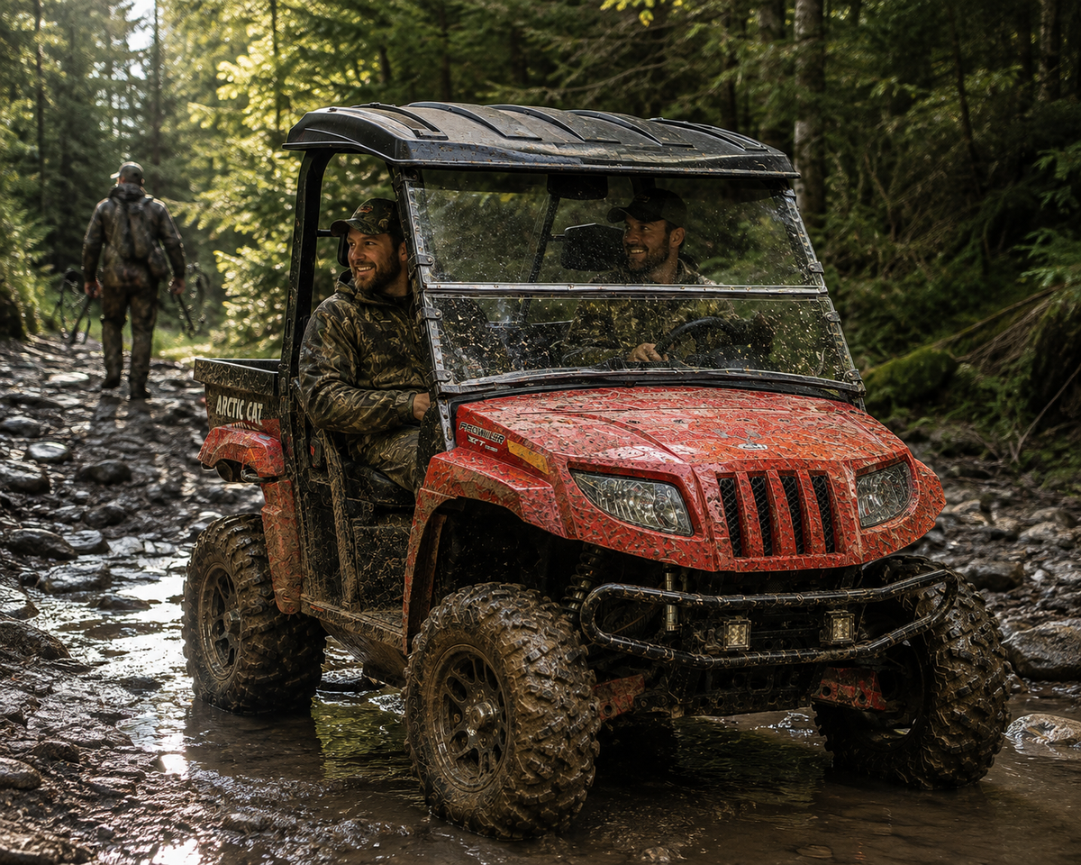 Red Prowler with tilting windshield crossing a rocky creek, hikers on the far bank. gallery-1