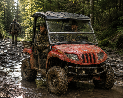 Red Prowler with tilting windshield crossing a rocky creek, hikers on the far bank. gallery-1