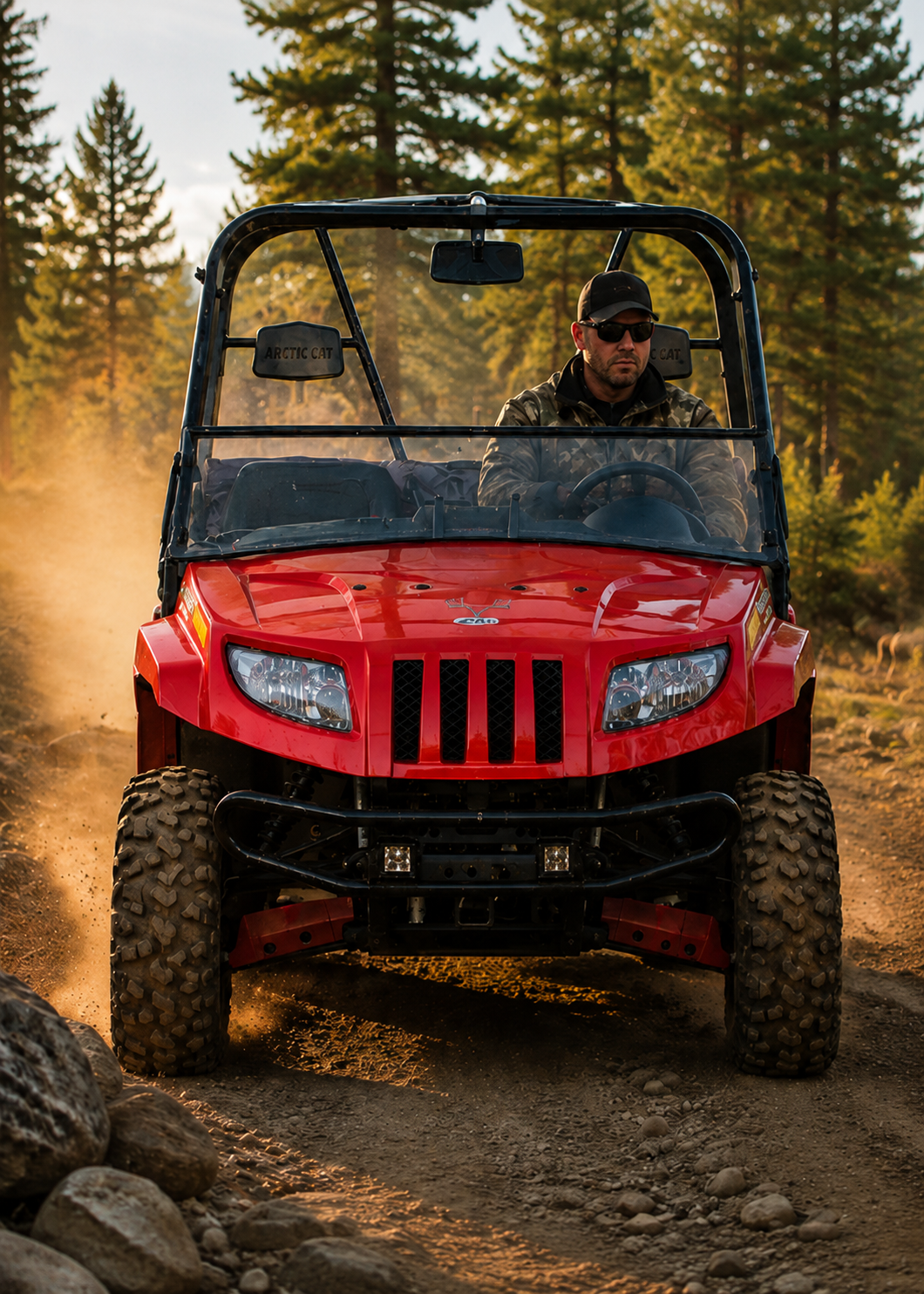 2006-2010 Red Arctic Cat Prowler with a TerraRider tilting windshield and no top on a muddy trail