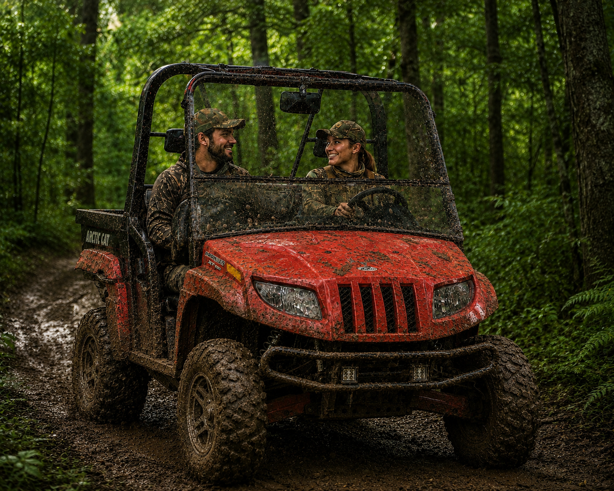 Red Prowler with tilting windshield on a mossy green forest track, driver and passenger aboard. gallery-2