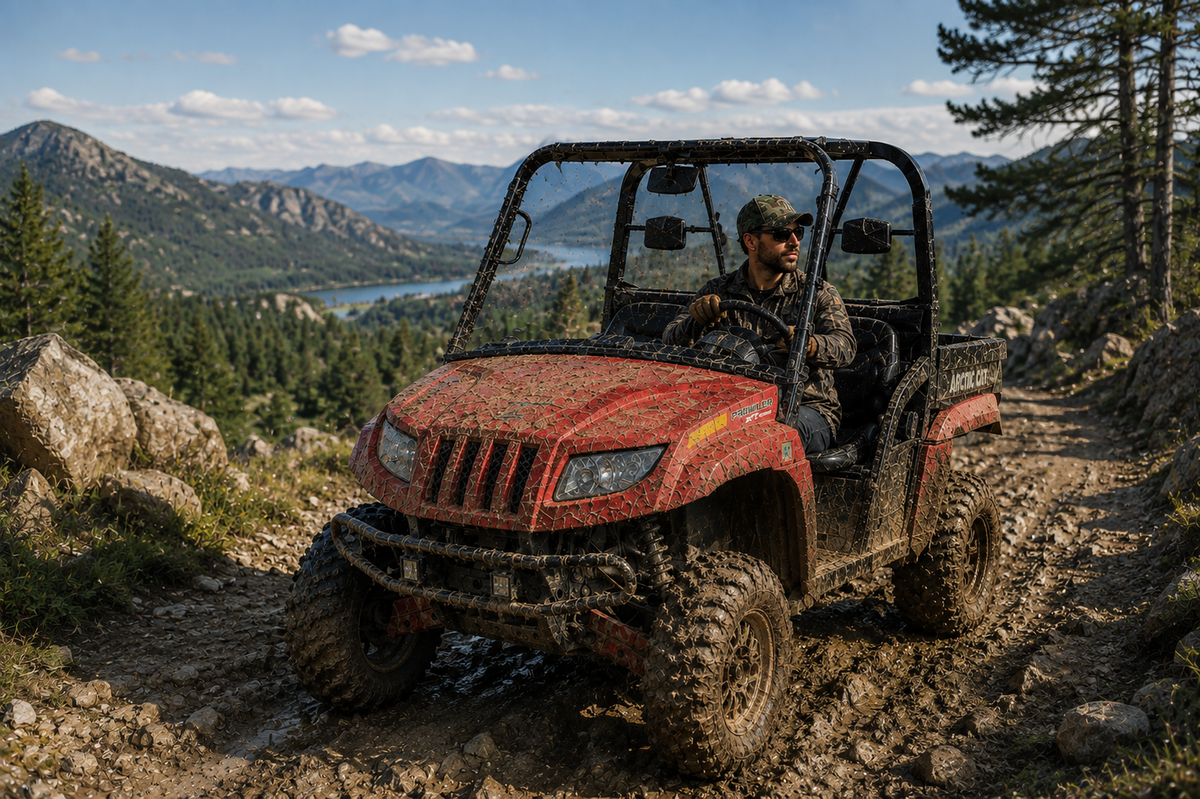 Rider in a red Arctic Cat Prowler with full windshield on a mountain trail overlooking a lake