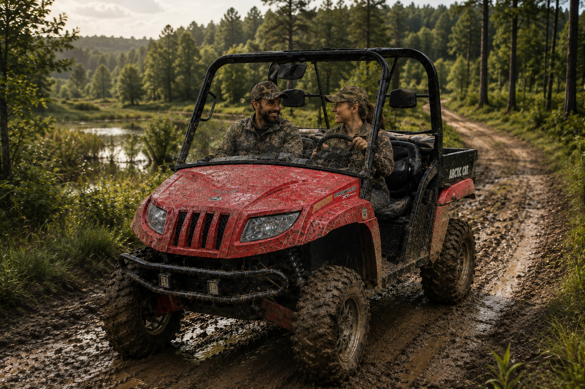 Red Arctic Cat Prowler with half windshield on a muddy forest trail beside a stream