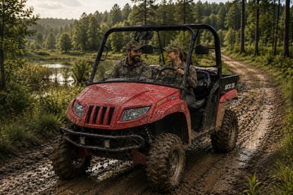 Red Arctic Cat Prowler with half windshield on a muddy forest trail beside a stream