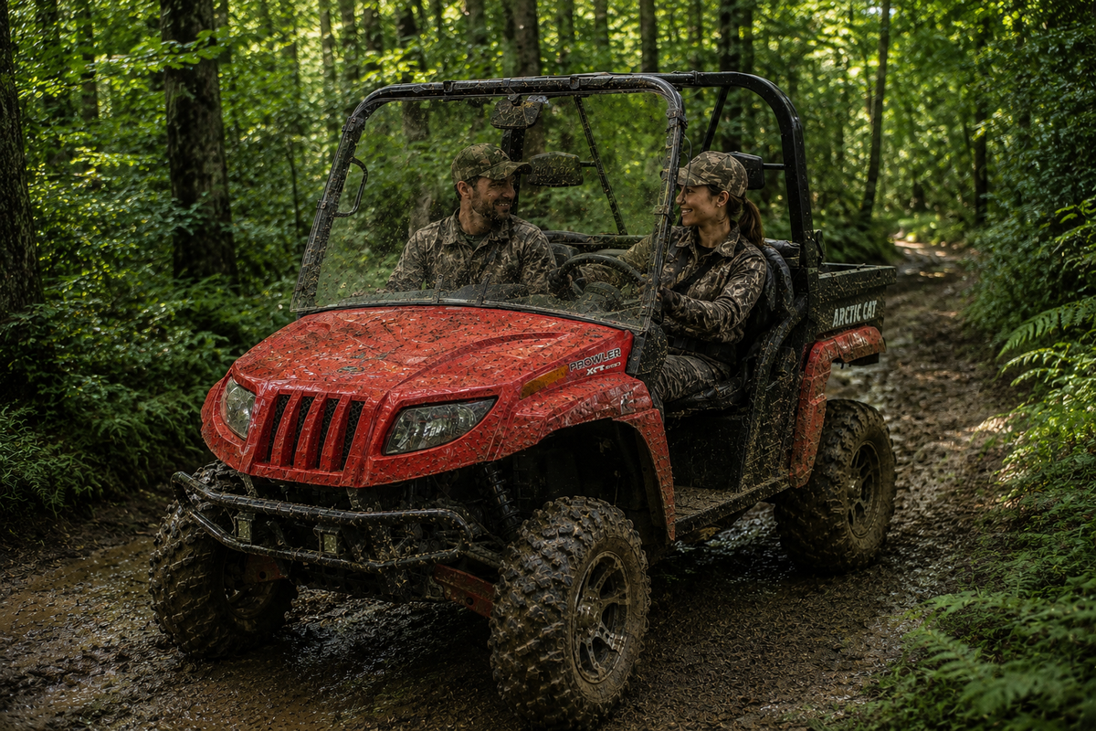 Two riders in a red Arctic Cat Prowler with full windshield on a muddy wooded trail