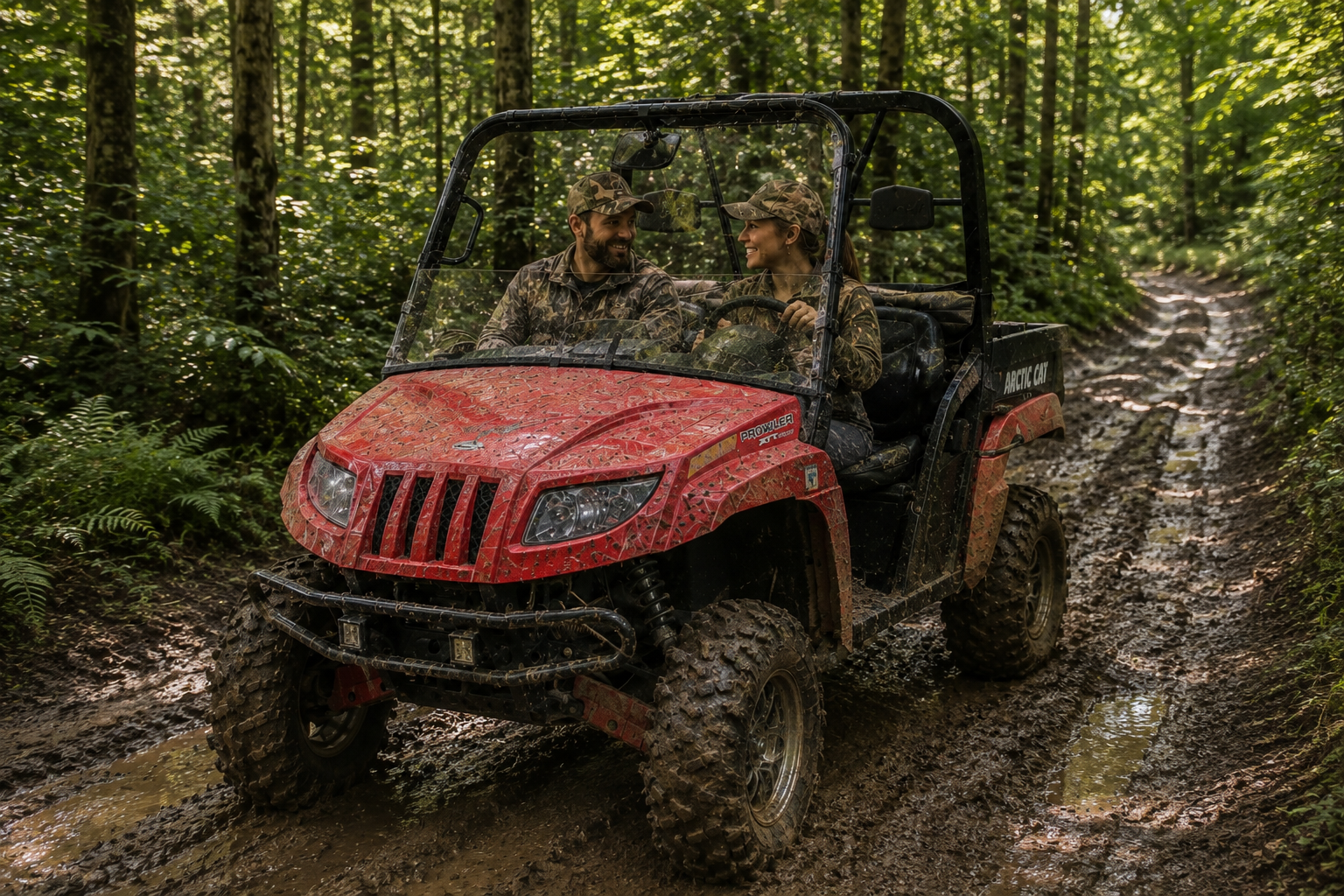 Two riders in an Arctic Cat Prowler side-by-side on a muddy trail — TerraRider half UTV windshields available for 2006–2010 models.
