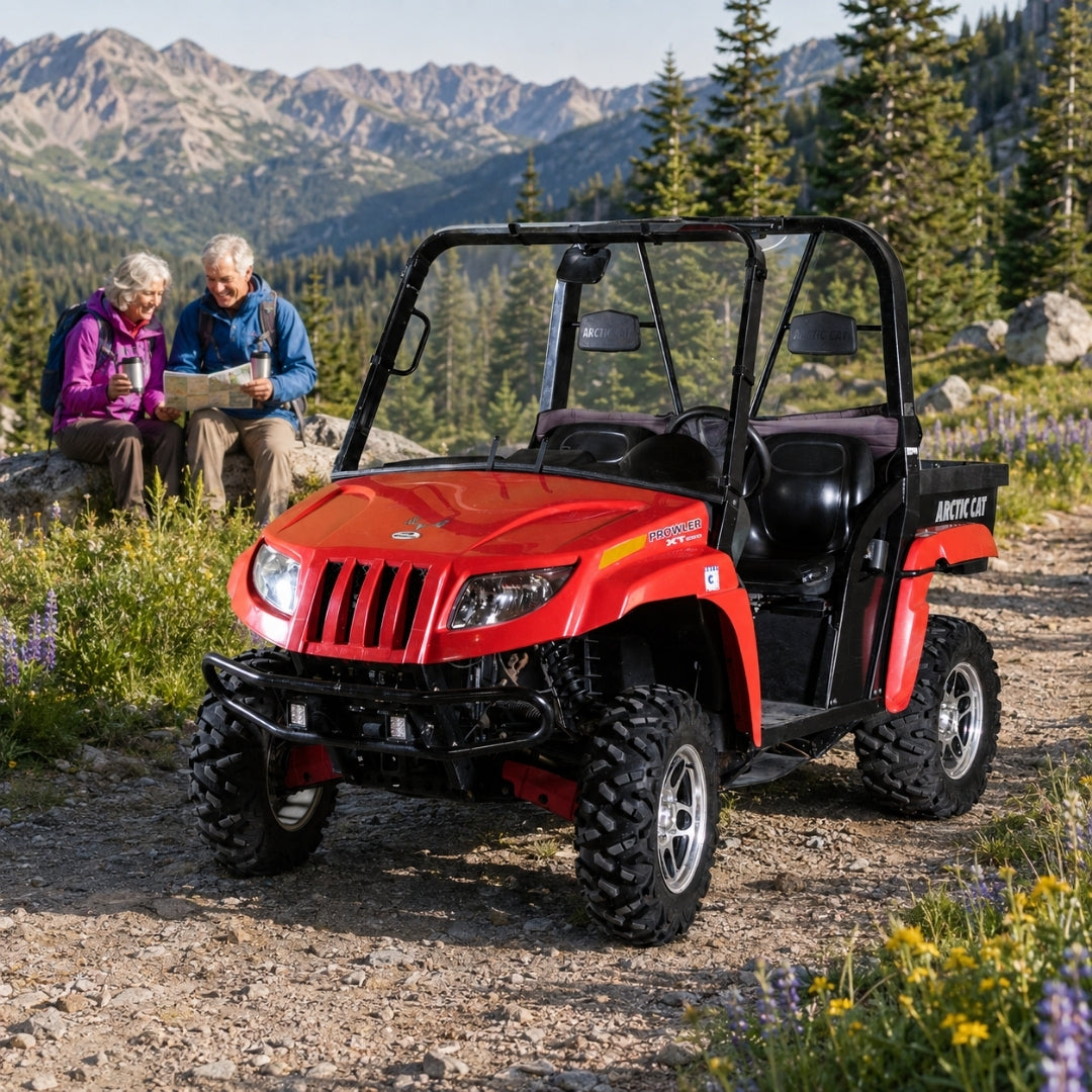 Hikers beside a red Arctic Cat Prowler with full windshield on a mountain trail with wildflowers