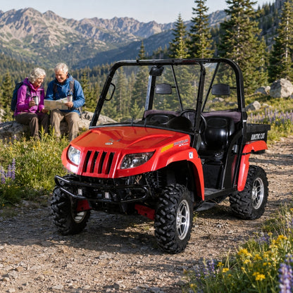 Hikers beside a red Arctic Cat Prowler with full windshield on a mountain trail with wildflowers