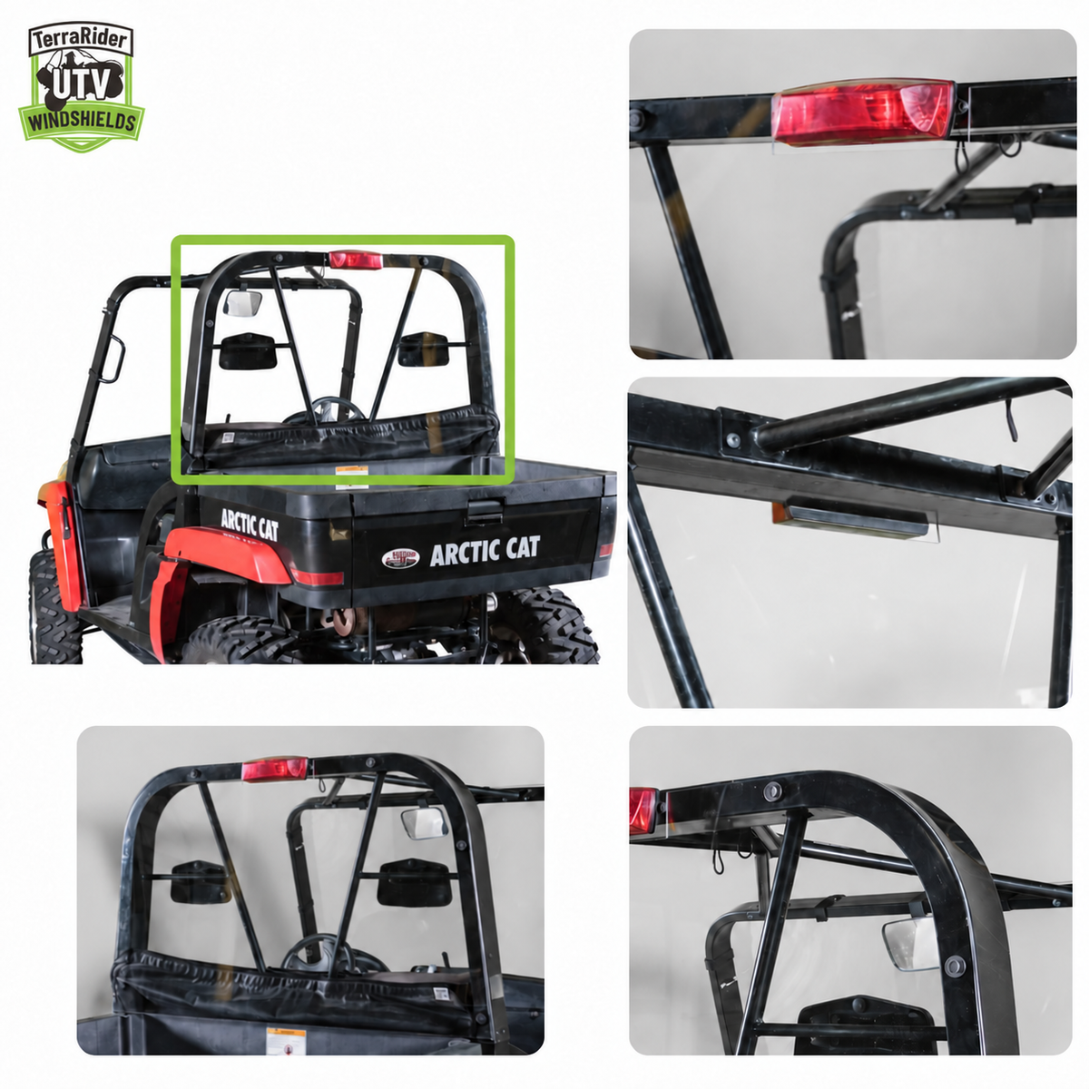 Close-up views of the Prowler rear windshield mounted to the side-by-side cargo bed roll bars