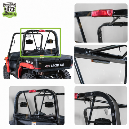 Close-up views of the Prowler rear windshield mounted to the side-by-side cargo bed roll bars