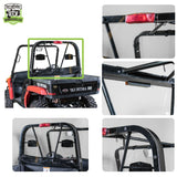 TerraRider rear UTV windshield installed on a 2006-2010 red and black Arctic Cat Prowler side-by-side, with close-up views of the mounting points and hardware.