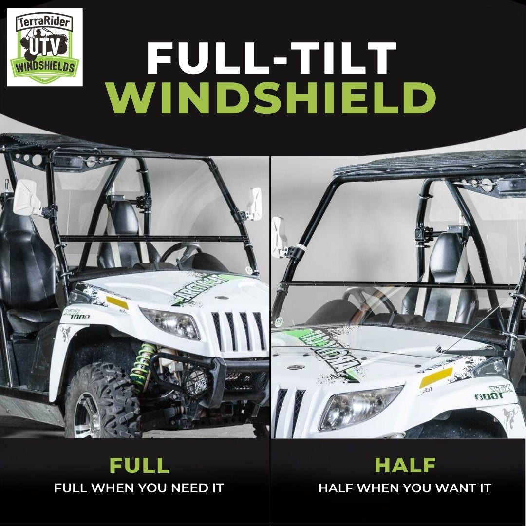 TerraRider tilting windshield shown in the full and half positions on a 2011-2014 Arctic Cat Prowler