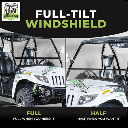 TerraRider tilting windshield shown in the full and half positions on a 2011-2014 Arctic Cat Prowler