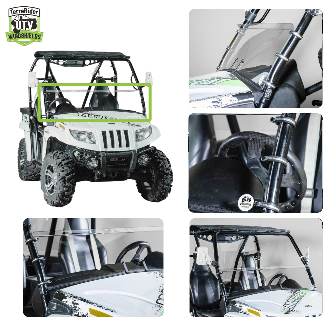 Half front windshield installed on a 2011-2014 Arctic Cat Prowler, shown from multiple angles with mounting detail