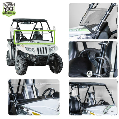 Half front windshield installed on a 2011-2014 Arctic Cat Prowler, shown from multiple angles with mounting detail