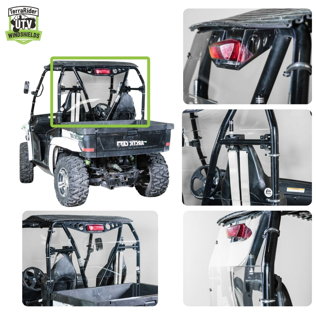 Close-up views of the Prowler rear windshield mounted behind the side-by-side cab and cargo bed