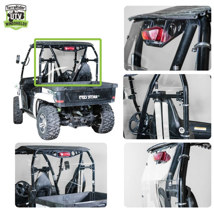 Close-up views of the Prowler rear windshield mounted behind the side-by-side cab and cargo bed