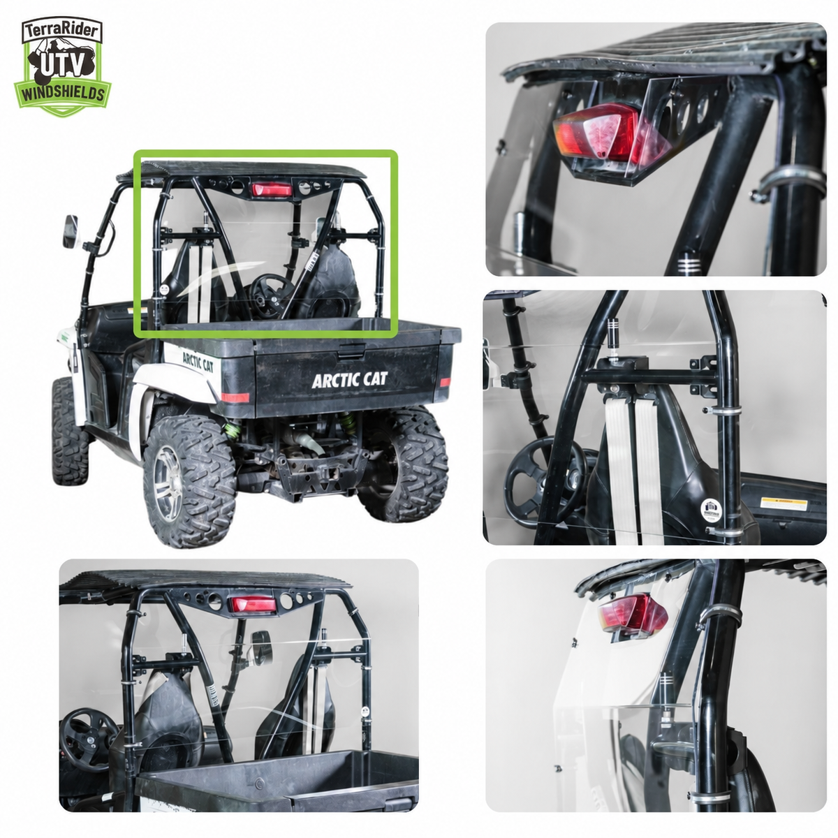 Close-up views of the Prowler rear windshield mounted behind the side-by-side cab and cargo bed
