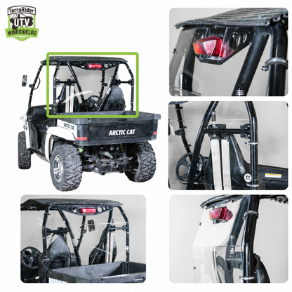 Close-up views of the Prowler rear windshield mounted behind the side-by-side cab and cargo bed