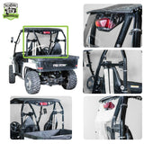 Rear windshield installed on a 2011-2014 Arctic Cat Prowler, with close-up views of the clamp and frame-bolt mounting points