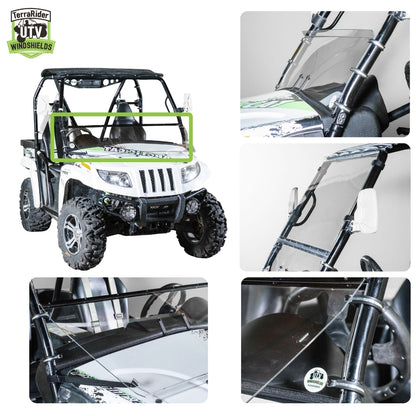 Close-up views of the Prowler tilting windshield hinge and clamps on the side-by-side roll cage. gallery-1