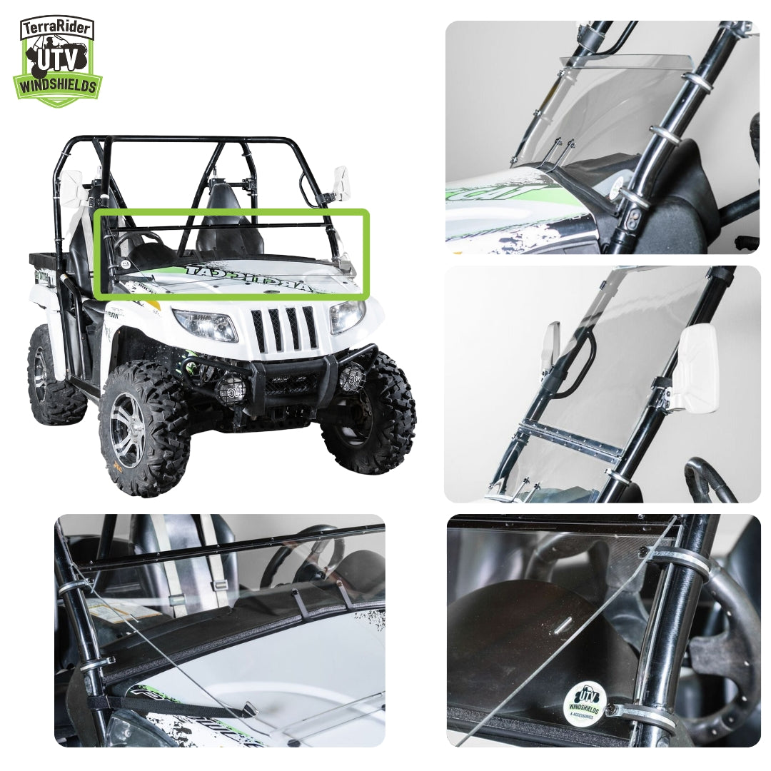 Tilting windshield installed on a 2011-2014 Arctic Cat Prowler, shown from multiple angles with close-up views of the clamp and center support mounting points