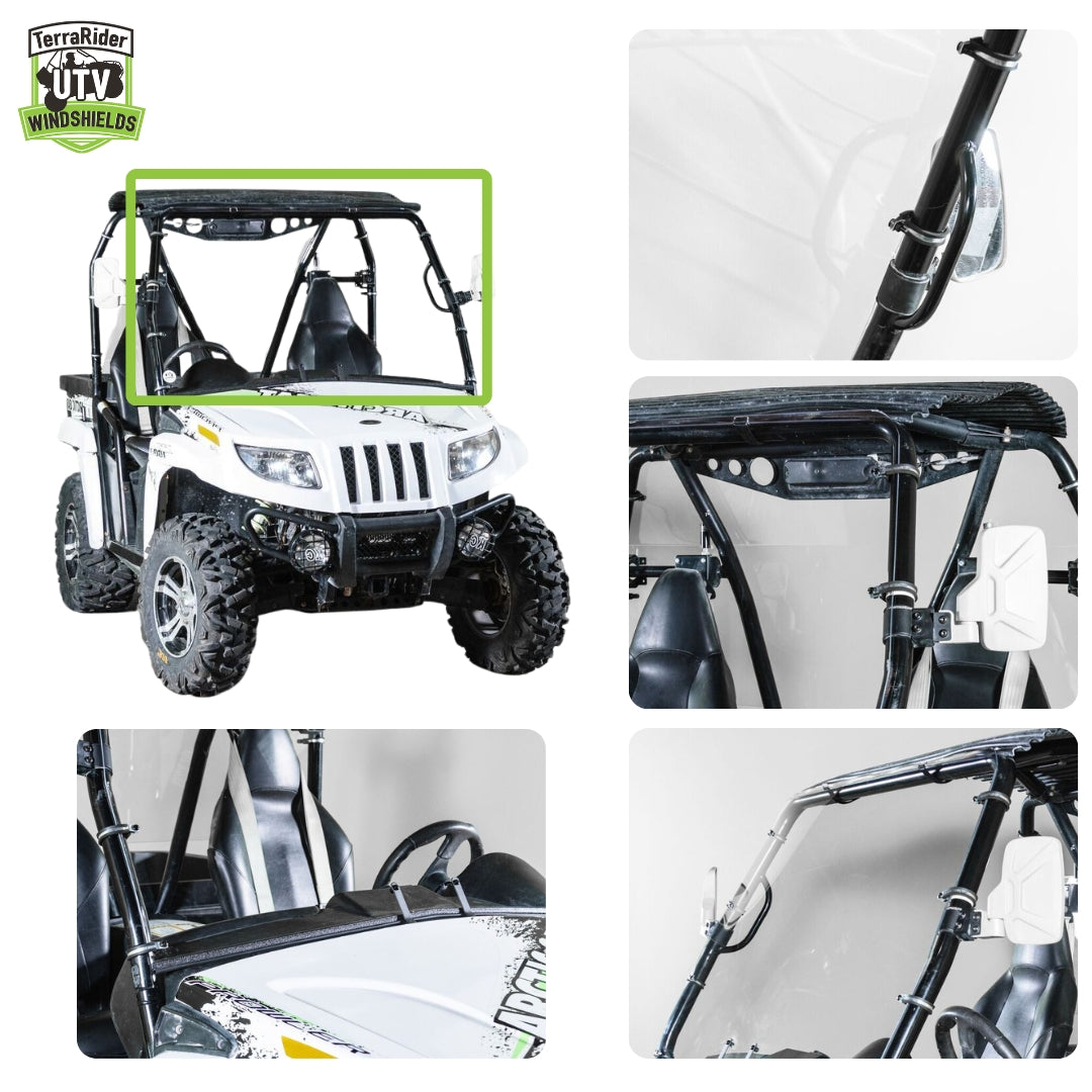 Full front windshield installed on a 2011-2014 Arctic Cat Prowler, shown from multiple angles with mounting detail