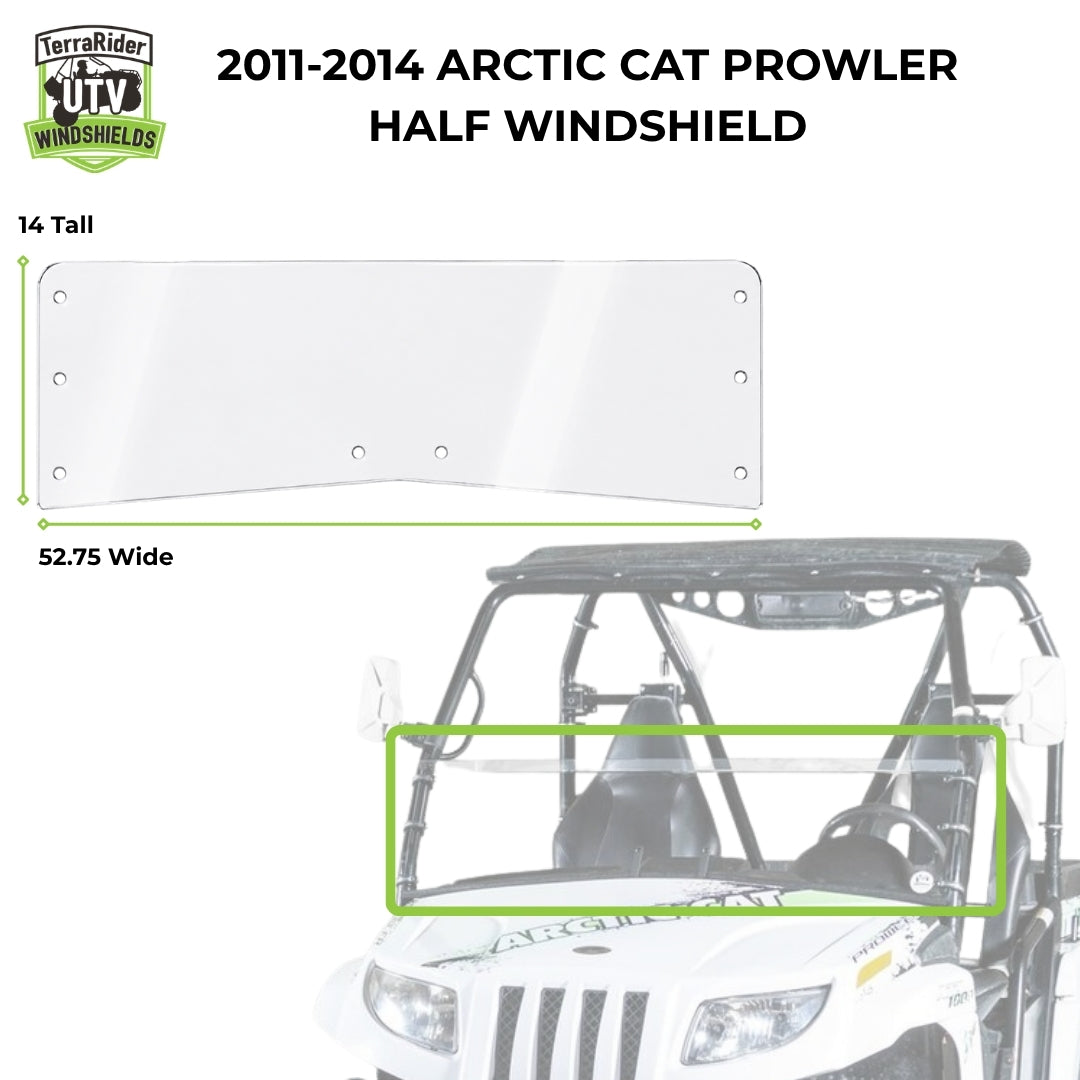 Dimension drawing for the 2011-2014 Arctic Cat Prowler half windshield, 14 inches tall by 52.75 inches wide.