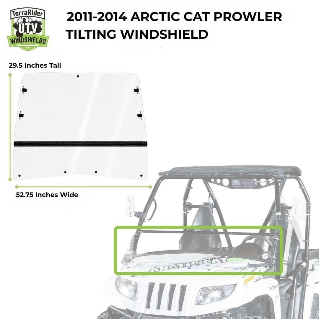 Dimension drawing for the 2011-2014 Arctic Cat Prowler tilting windshield, 29.5 inches tall by 52.75 inches wide