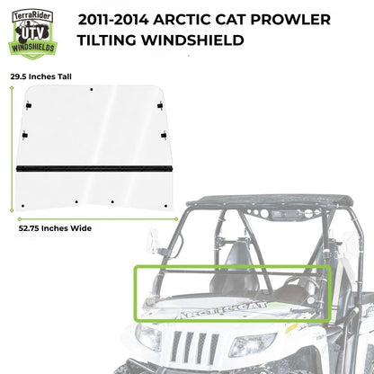 Dimension drawing for the 2011-2014 Arctic Cat Prowler tilting windshield, 29.5 inches tall by 52.75 inches wide